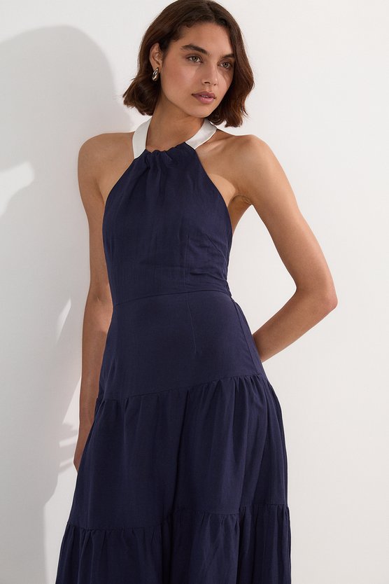 karen millen Linen Viscose Colour Block Woven Tiered Halter Maxi Dress navy