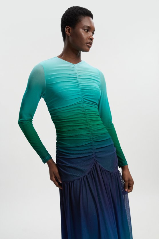 Karen Millen Long Sleeve Ombre Mesh Maxi Dress Green