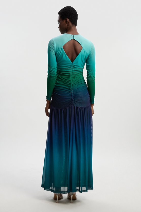 Karen Millen Long Sleeve Ombre Mesh Maxi Dress Green
