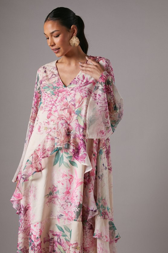 Karen Millen Long Sleeve Printed Chiffon Volume Maxi Dress Pink