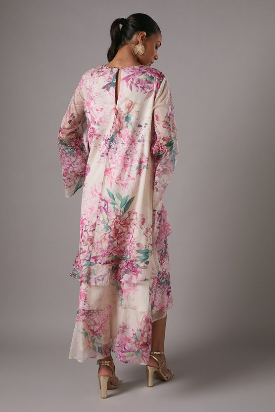 Karen Millen Long Sleeve Printed Chiffon Volume Maxi Dress Pink