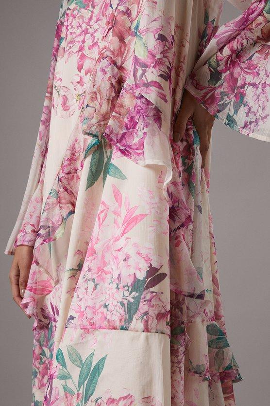Karen Millen Long Sleeve Printed Chiffon Volume Maxi Dress Pink