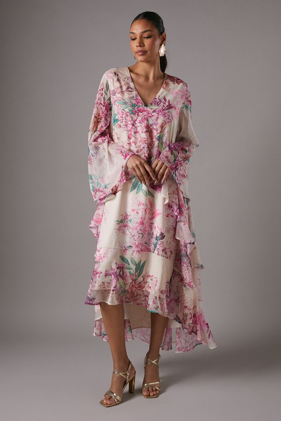 karen millen Long Sleeve Printed Chiffon Volume Maxi Dress pink