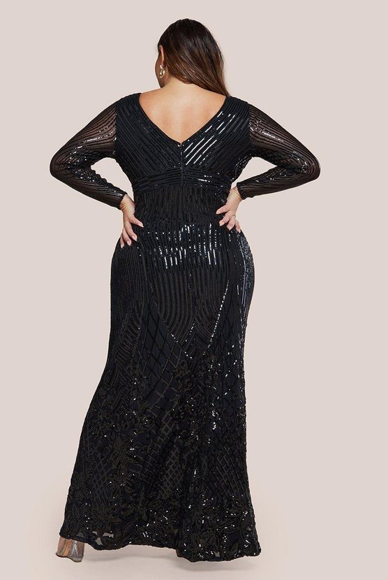 Karen Millen Long Sleeve Sequin V Wrap Maxi Dress Black