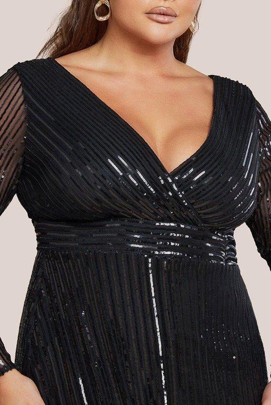 Karen Millen Long Sleeve Sequin V Wrap Maxi Dress Black