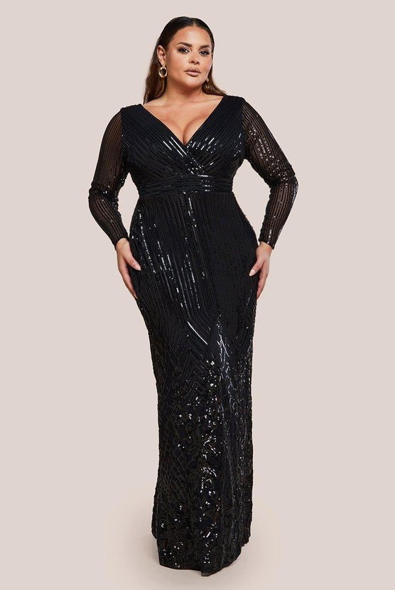 karen millen Long Sleeve Sequin V Wrap Maxi Dress Black