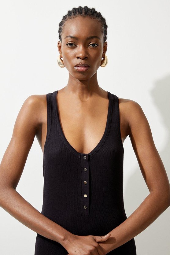 Karen Millen Lux Viscose Rib Jersey Racer Back Midi Dress Ivory