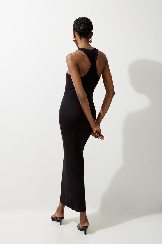 Karen Millen Lux Viscose Rib Jersey Racer Back Midi Dress Ivory