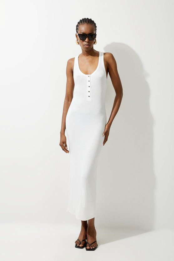 karen millen Lux Viscose Rib Jersey Racer Back Midi Dress ivory