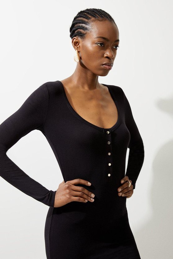 Karen Millen Lux Viscose Rib Jersey Scoop Neck Mini Dress Black