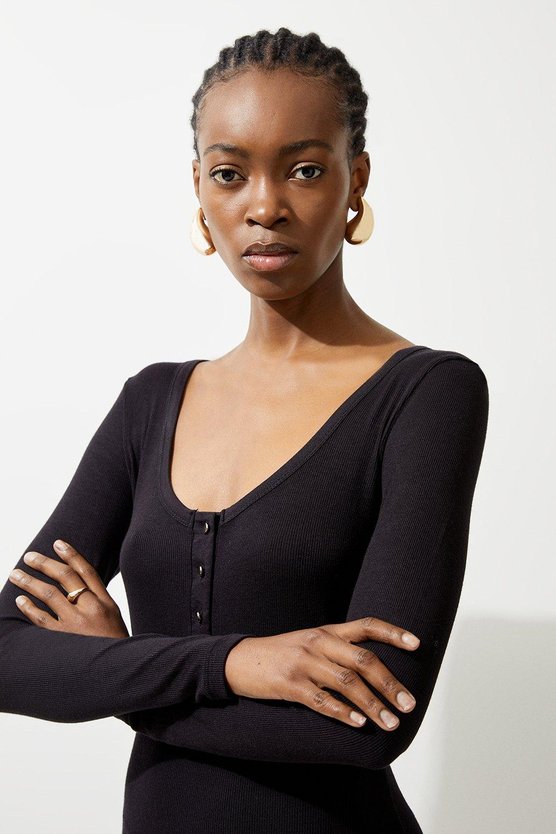 Karen Millen Lux Viscose Rib Jersey Scoop Neck Mini Dress Black