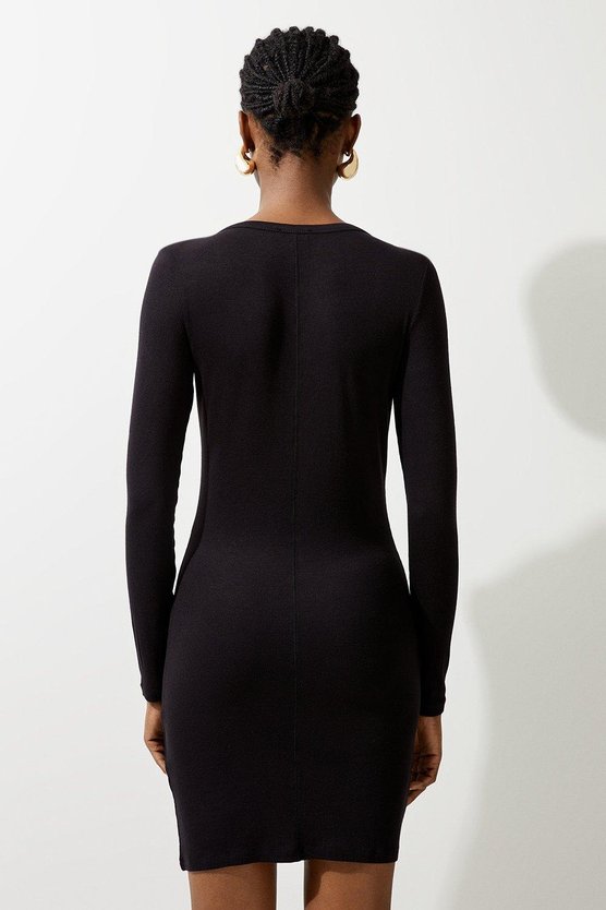 Karen Millen Lux Viscose Rib Jersey Scoop Neck Mini Dress Black