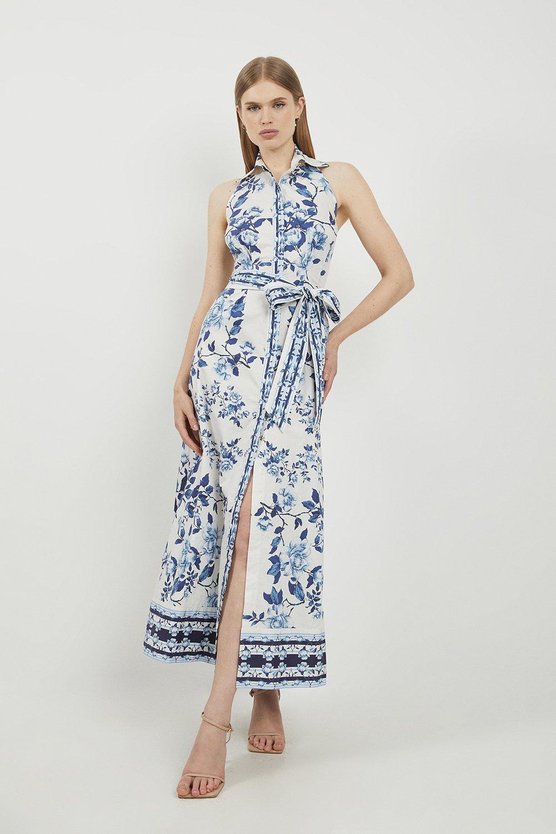 Karen Millen Lydia Millen Cotton Sateen Woven Halter Shirt Dress