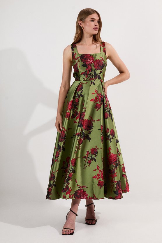 Karen Millen Lydia Millen Floral Jacquard Corseted Woven Maxi Dress Green
