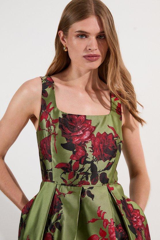 Karen Millen Lydia Millen Floral Jacquard Corseted Woven Maxi Dress Green