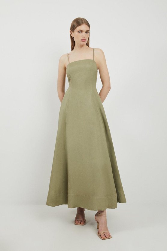 Karen Millen Lydia Millen Linen Woven Strappy Maxi Dress Sage
