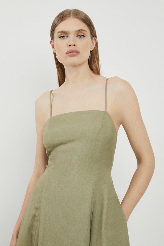 Karen Millen Lydia Millen Linen Woven Strappy Maxi Dress Sage