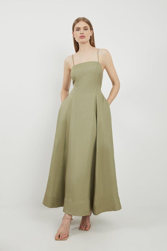 Karen Millen Lydia Millen Linen Woven Strappy Maxi Dress Sage