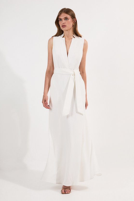 Karen Millen Lydia Millen Linen Wrap Tie Waisted Maxi Dress Ivory