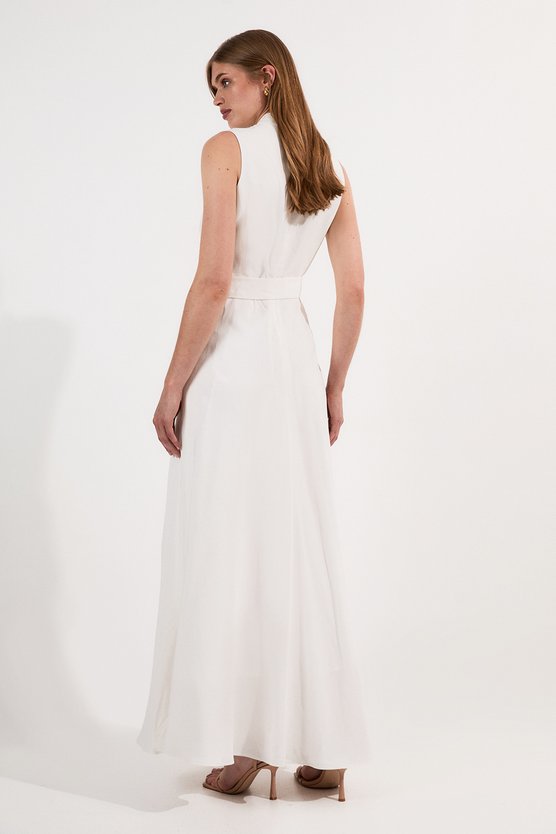 Karen Millen Lydia Millen Linen Wrap Tie Waisted Maxi Dress Ivory