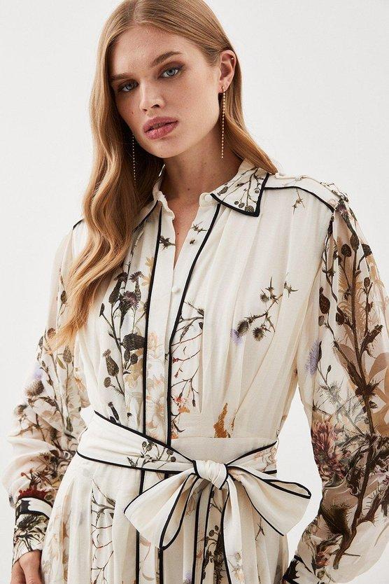 Karen Millen Lydia Millen Petite Viscose Woven Floral Border Shirt Midi Dress Ivory