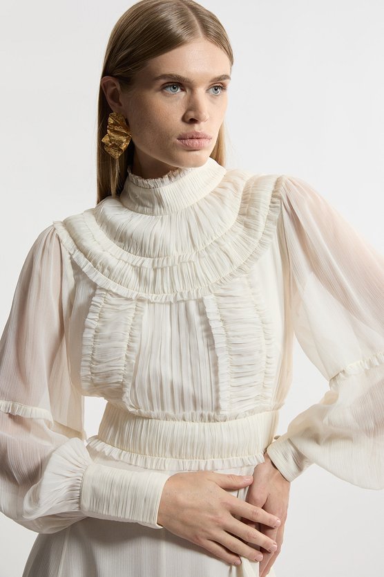 Karen Millen Lydia Millen Pleat Crinkle High Neck Drama Sleeve Woven Midaxi Dress