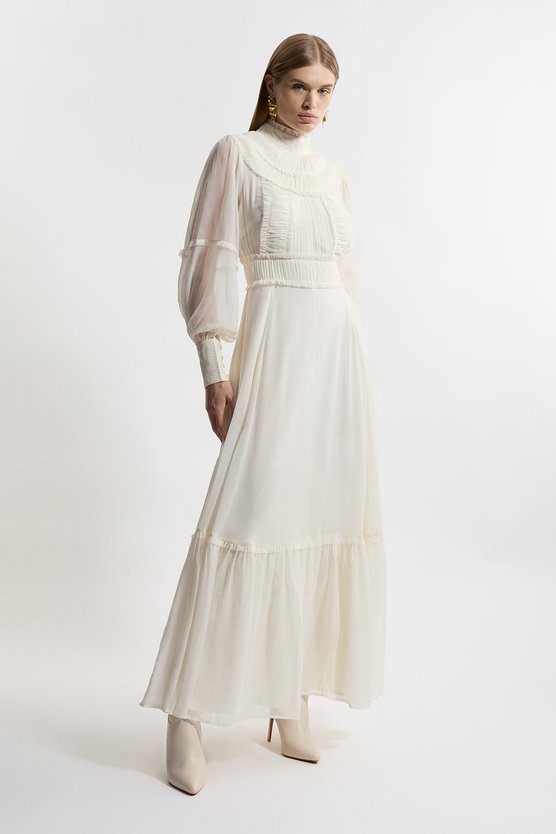 Karen Millen Lydia Millen Pleat Crinkle High Neck Drama Sleeve Woven Midaxi Dress