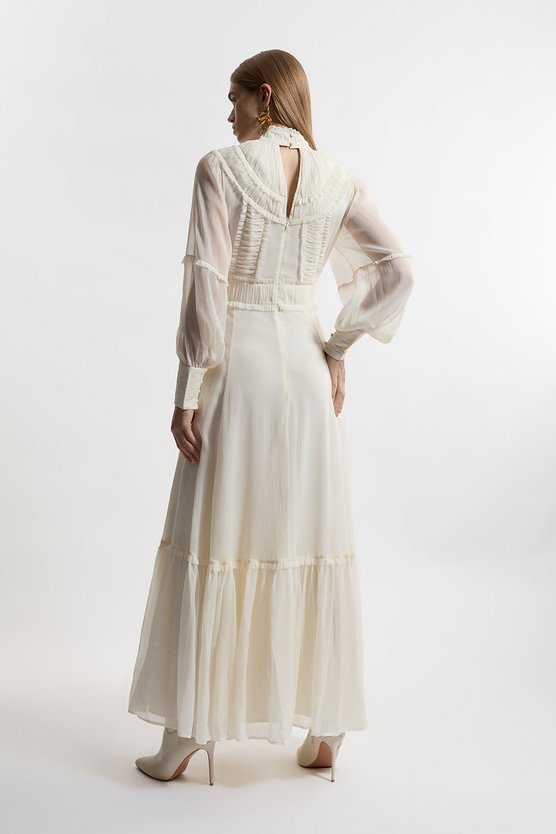 Karen Millen Lydia Millen Pleat Crinkle High Neck Drama Sleeve Woven Midaxi Dress