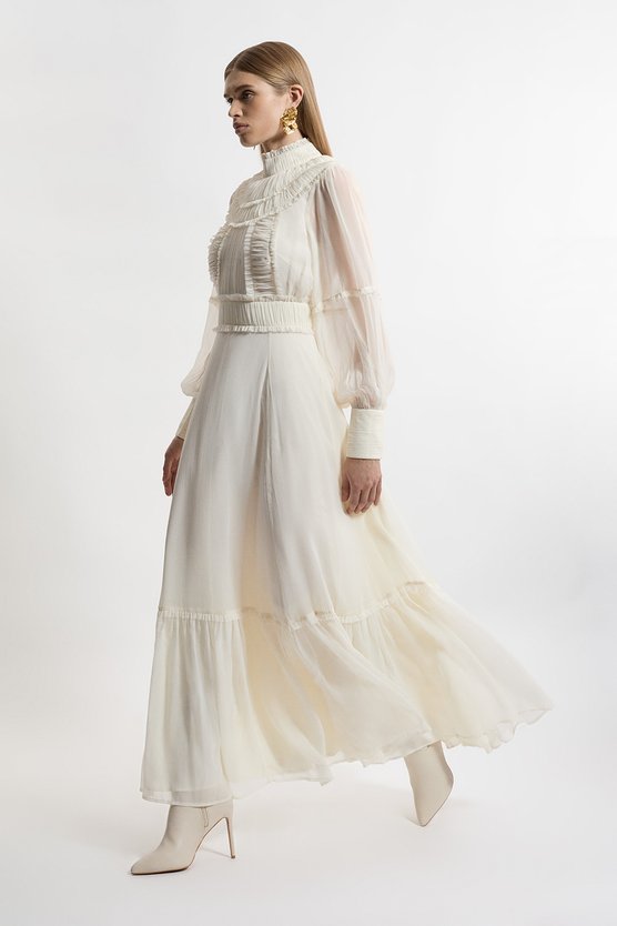 karen millen Lydia Millen Pleat Crinkle High Neck Drama Sleeve Woven Midaxi Dress