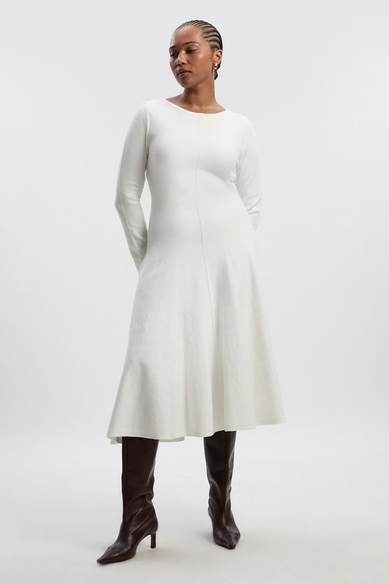 Karen Millen Lydia Millen Plus Size Compact Knit Wool Look Full Skirt Midi Dress Ivory