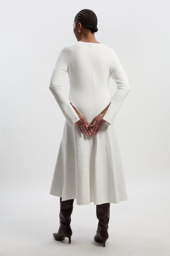 Karen Millen Lydia Millen Plus Size Compact Knit Wool Look Full Skirt Midi Dress Ivory