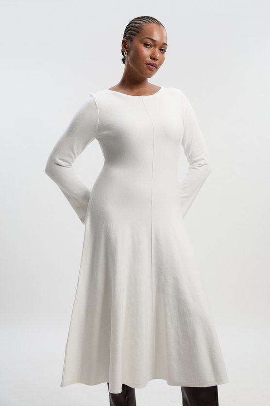 karen millen Lydia Millen Plus Size Compact Knit Wool Look Full Skirt Midi Dress ivory