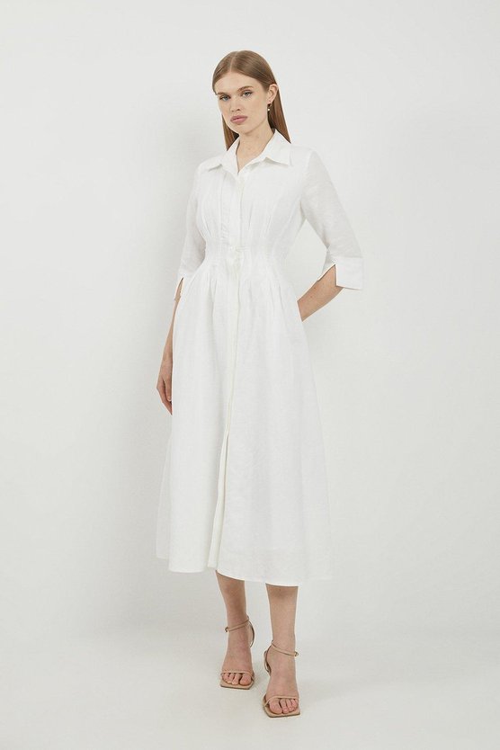 Karen Millen Lydia Millen Premium Tailored Linen Darted Waist Midi Dress Ivory