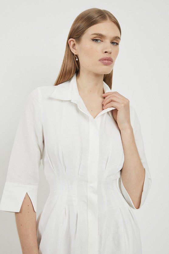 Karen Millen Lydia Millen Premium Tailored Linen Darted Waist Midi Dress Ivory