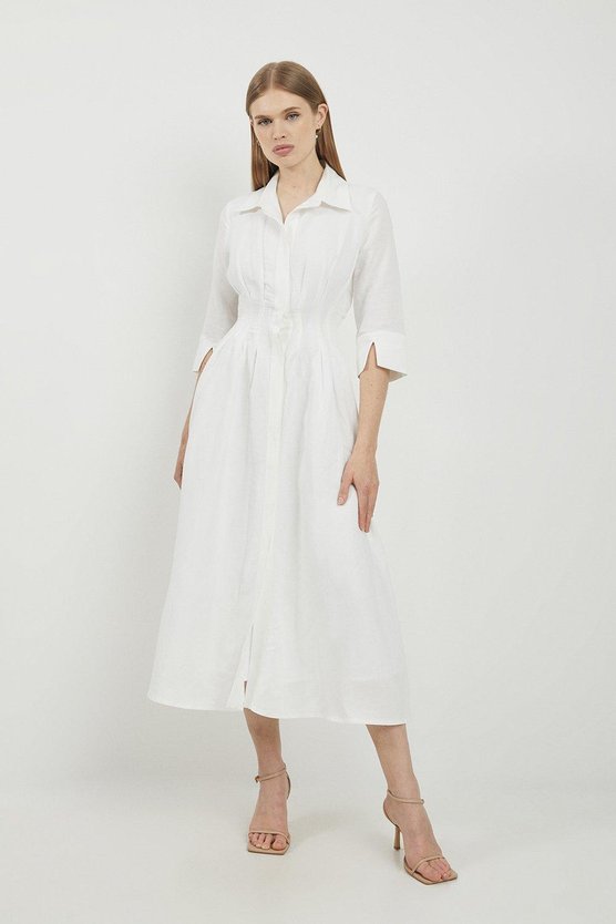 Karen Millen Lydia Millen Premium Tailored Linen Darted Waist Midi Dress Ivory