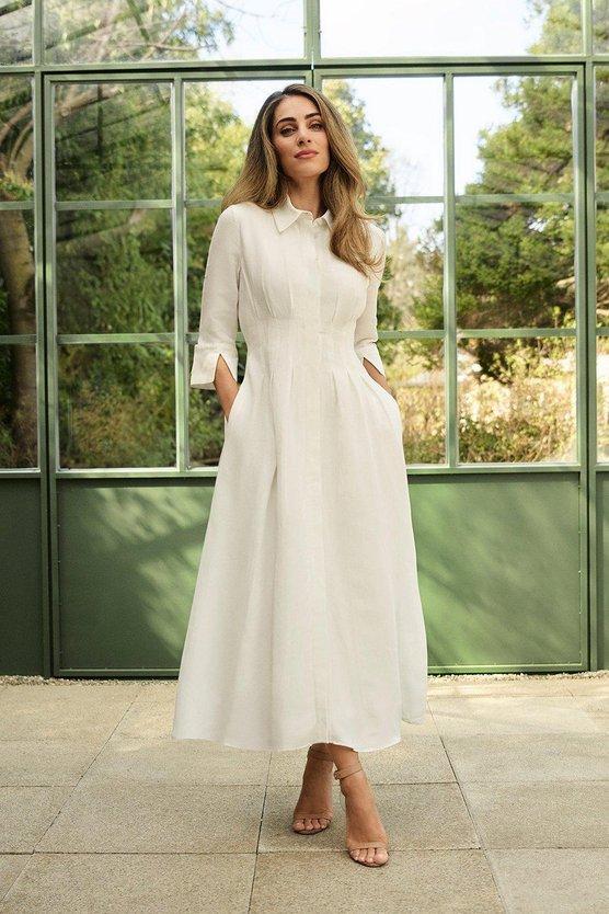 karen millen Lydia Millen Premium Tailored Linen Darted Waist Midi Dress ivory