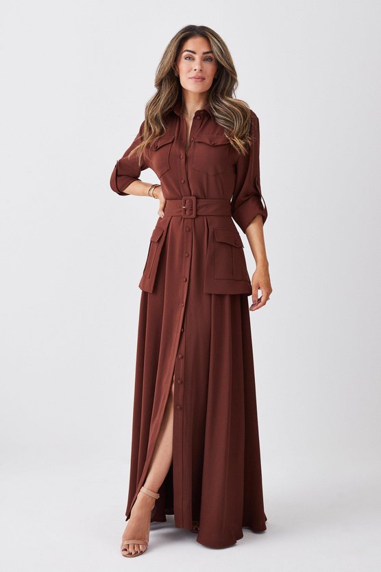 karen millen Lydia Millen Soft Tailored Belted Maxi Shirt Dress chocolate