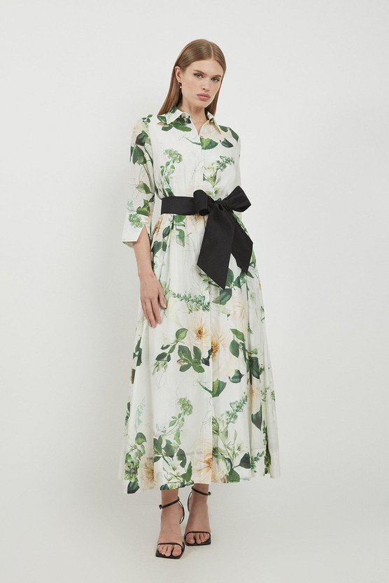 Karen Millen Lydia Millen Spring Floral Silk Cotton Woven Shirt Dress White