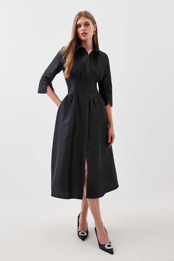 Karen Millen Lydia Millen Tailored Taffeta Darted Waist Midi Dress Black