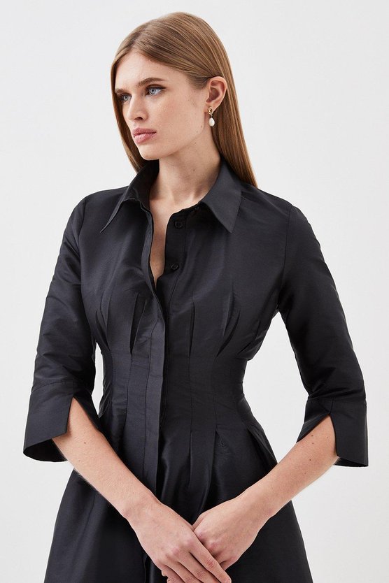 Karen Millen Lydia Millen Tailored Taffeta Darted Waist Midi Dress Black