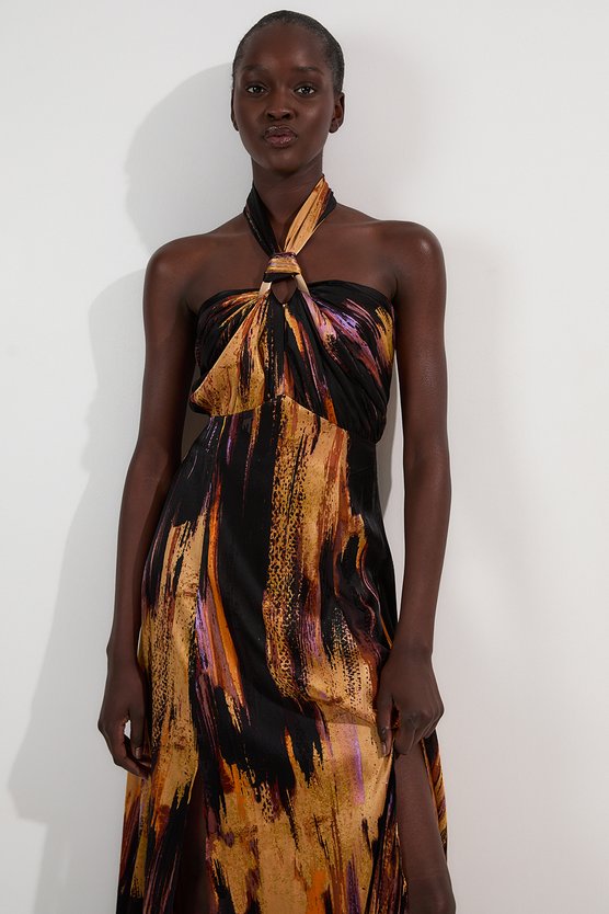 Karen Millen Marble Devour Halter Neck Maxi Dress Purple