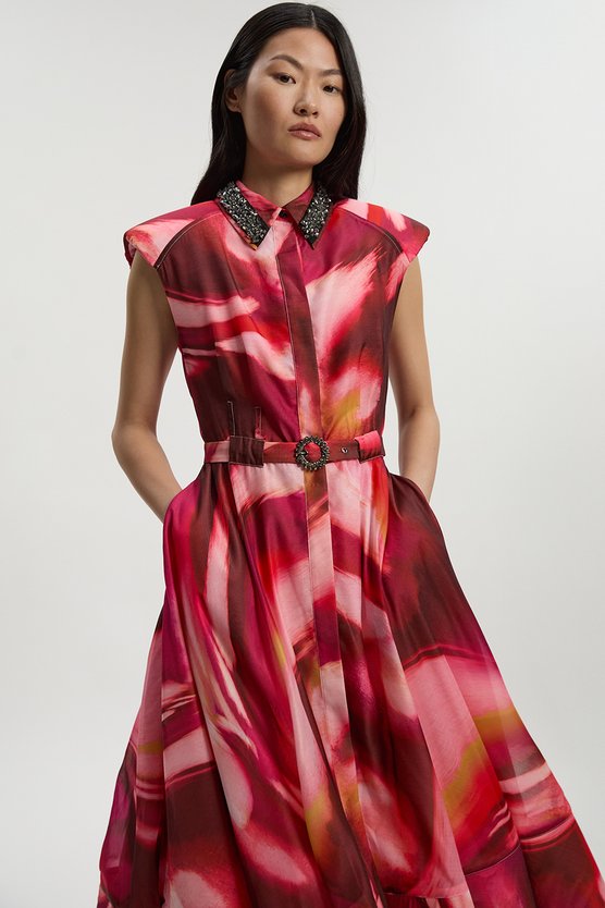 Karen Millen Marble Organdie Shirt Dress With Crystal Embellished Belt Multi