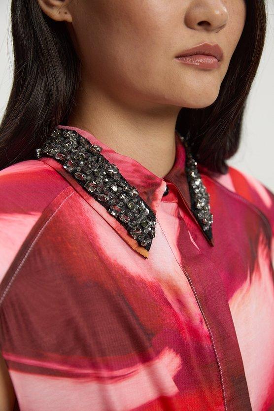 Karen Millen Marble Organdie Shirt Dress With Crystal Embellished Belt Multi