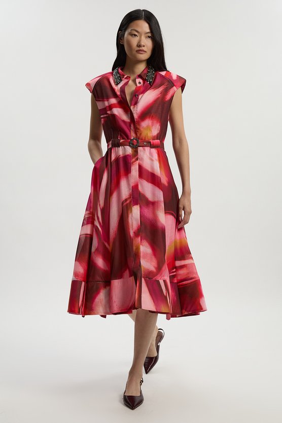 karen millen Marble Organdie Shirt Dress With Crystal Embellished Belt multi