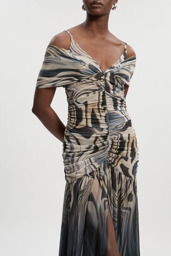 Karen Millen Marble Print Mesh Plunge Strappy Detail Maxi Dress Mono
