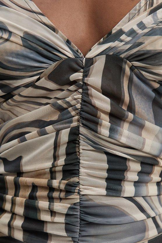 Karen Millen Marble Print Mesh Plunge Strappy Detail Maxi Dress Mono