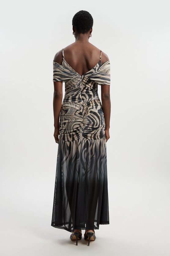 Karen Millen Marble Print Mesh Plunge Strappy Detail Maxi Dress Mono