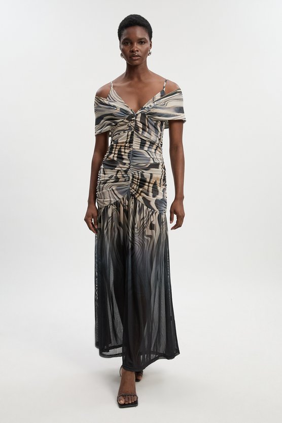 karen millen Marble Print Mesh Plunge Strappy Detail Maxi Dress mono