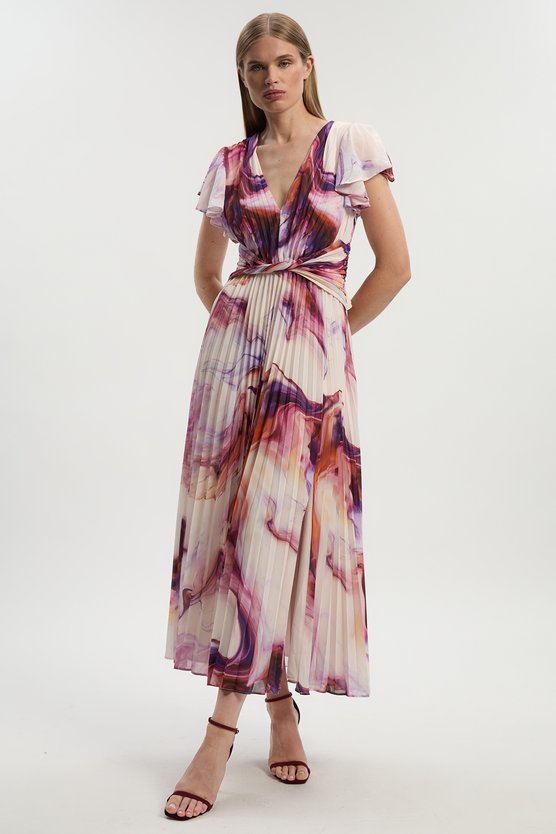 Karen Millen Marble Soft Pleated V Neck Woven Maxi Dress Multi