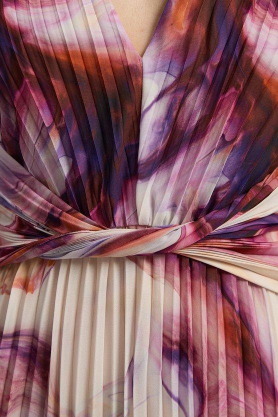 Karen Millen Marble Soft Pleated V Neck Woven Maxi Dress Multi